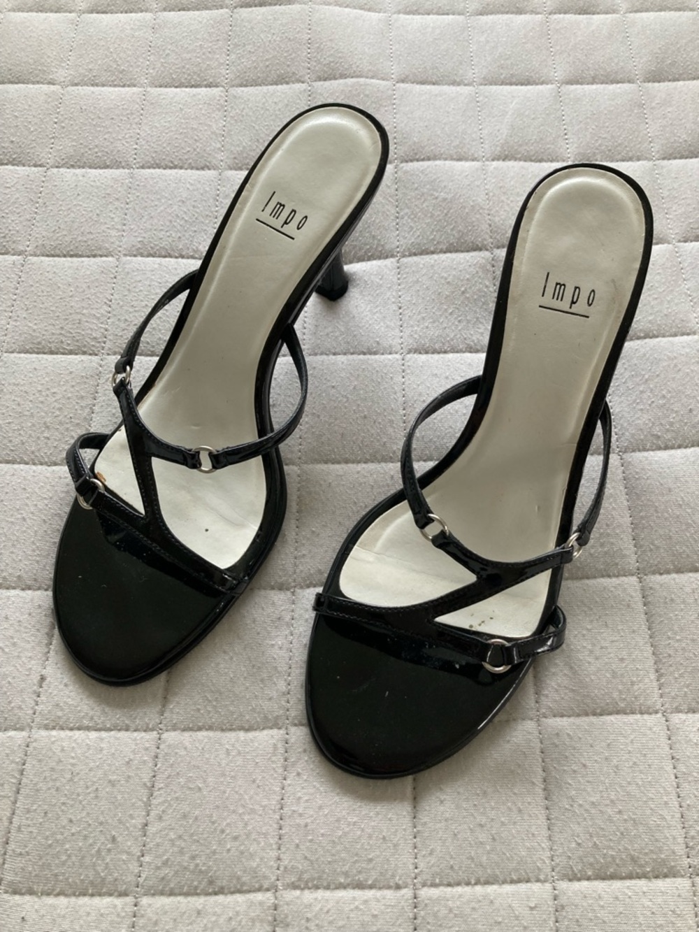 Impo Women’s Black Patent Strappy Mid-Heel Sandals - 3” heels